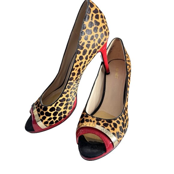NINE WEST Size 11 Women Shoes Glamrgirlo Leopard Red Calf Hair Open Toe Heel - Picture 1 of 14